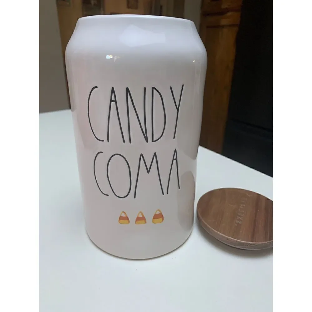 Rae Dunn Halloween Candy Coma Candy Corn Ceramic Canister with Wood Lid NEW